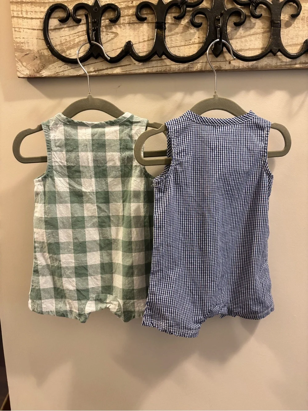 2 Mud Pie Sleeveless Check Romper Duo in Green & Blue